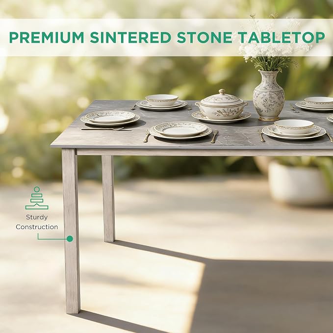7-Piece Patio Dining Set, Grey Food-Grade Sintered Stone Dining Table with Umbrella Hole, 4 Dining Chairs and 2 Swivel Chairs with Beige Removable Thickened Cushions for Garden Lawn Yard