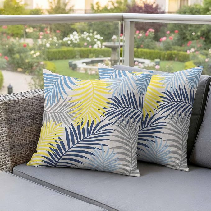 Yellow Blue Palm Leaves Outdoor Pillow Covers 26"x26" Set of 2, Summer Botanical Vintage Tropical Leaf Rustic Waterproof Throw Pillow Covers for Patio Furniture, Decorative Cushion Covers for Porch