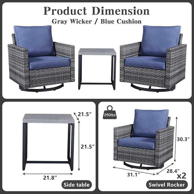 Belord Outdoor Bistro Set 3 Piece Wicker Swivel Rocker Patio Chairs, Oversize Outdoor Rattan Seating Set, Patio Swivel Glider Chairs Wicker Furniture with Metal Side Table for Outside Porch Backyard