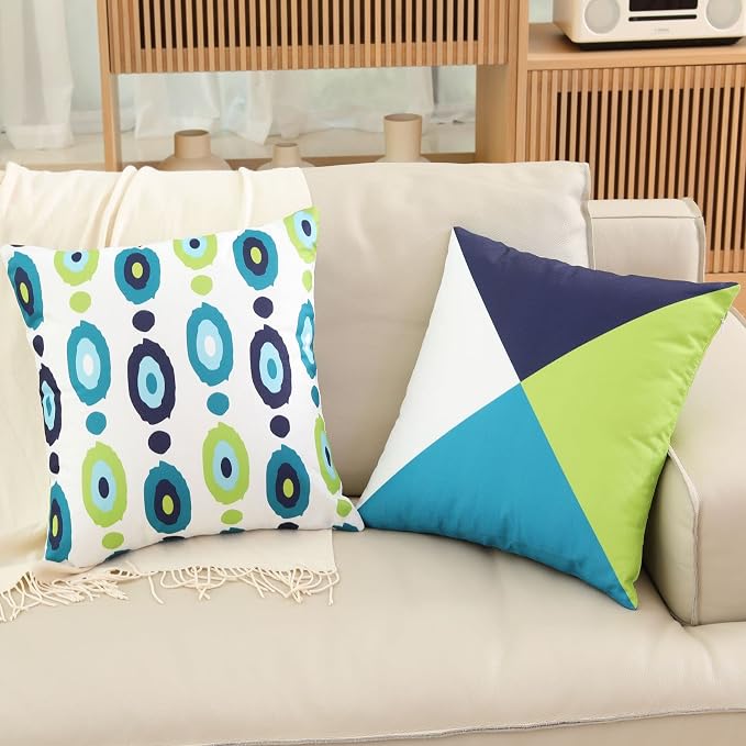 Decorative Green Blue Abstract Throw Pillow Covers 18 x 18 Inch Set of 4, Geometric Cotton Linen Outdoor Cushion Cover Square Pillowcase for Car Sofa Couch Home Decor