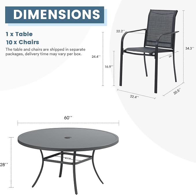 DIFY 11 Pieces Outdoor Patio Dining Set for 10, 60" Grey Round Metal Dining Table and 10 Grey Stackable Sling Dining Chairs, Outdoor Table and Chairs for Lawn Garden Backyard Deck