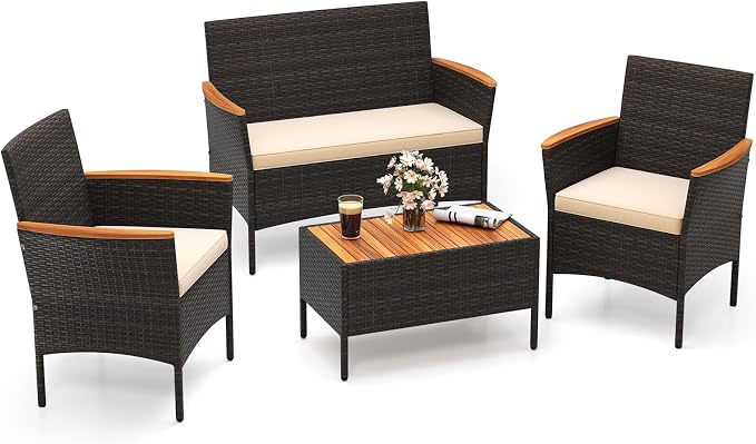 Tangkula 4 Pieces Patio Wicker Sofa Set, 2 Rattan Chairs & Loveseat w/Coffee Table, Acacia Wood Armrests & Tabletop, Outdoor Cushioned Conversation Set for Backyard, Poolside (Beige, 4 Pieces)