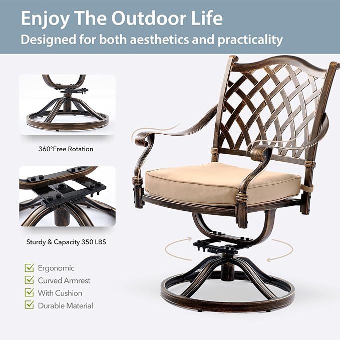 5-Pcs Cast Aluminum Patio Dining Set with 4 Swivel Chairs,Bronze | Outdoor Furniture Set Include 54" Round Dining Table and 4 Swivel Chairs with Cushions & Umbrella Hole