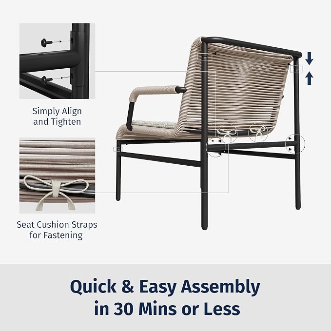 East Oak 3-Piece Patio Furniture Set, Outdoor Bistro Set with PE Rattan Wicker Wide Chairs, Soft Pads & Coffee Table, Modern All-Weather Wicker Patio Set for Garden and Porch, Creamy Apricot
