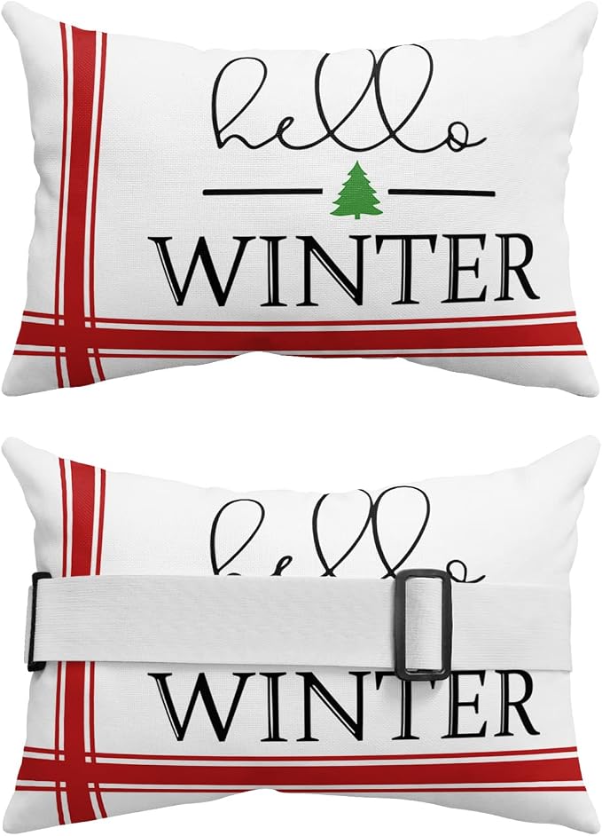 Outdoor Pillows Covers with Inserts Christmas Hello Winter Xmas Tree Red Line Waterproof Recliner Pillow with Adjustable Strap Throw Pillows for Patio Furniture Pool Lounge Chair, 11x16 inch, 1PCS