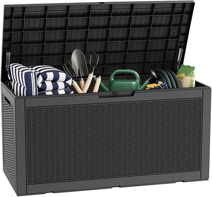 Pepe Tee Waterproof Resin Deck Box, Outdoor Storage Bin for Patio Furniture Cushions, All-Weather Garden Organizer & Seating Bench, Black