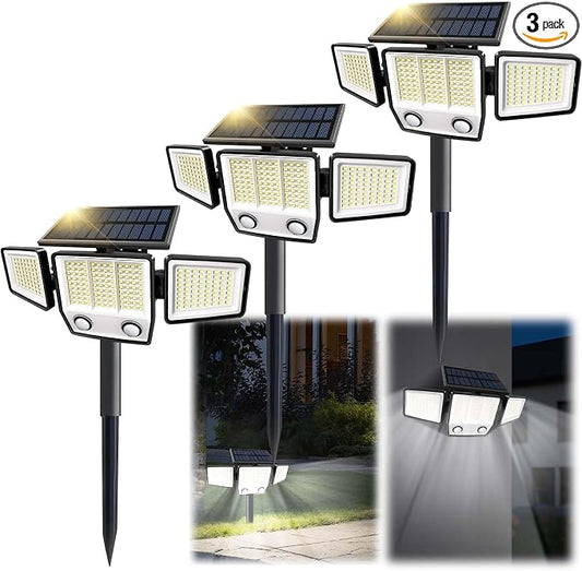 MDCMDCM Solar Motion Sensor Outdoor Lights Waterproof - 3000LM 3 Modes Security Lights Outdoor 270° Illumination IP65 LED Solar Flood Wall Light for Garden Yard Patio Pathway (with Stakes, 3)