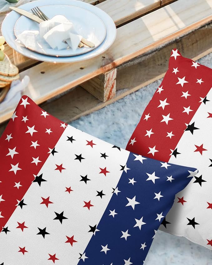 Vandarllin Outdoor Throw Pillows Covers 18X18 Set of 2 Waterproof July 4th Decorative Zippered Cushion Covers for Patio Furniture, Red White Blue Lumbar Pillowcases Independence Day Americana Stars