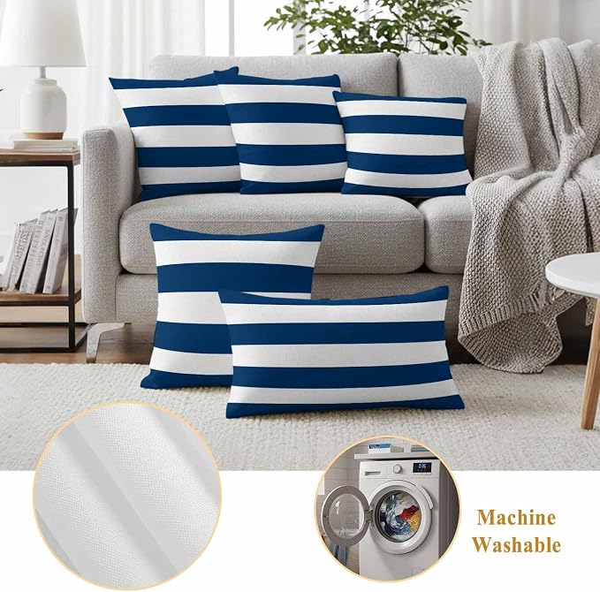 Outdoor Pillow Covers Set of 2, Blue White Stripes Color Block Geometric Decorative Throw Pillow Covers 16X16IN, Classic Modern Style Throw Pillows Protector Cushion Case for Patio,Couch,Sofa,Garden