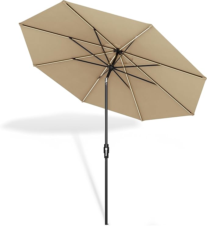Midtown Umbrellas Led Swilt Sunbrella Umbrella, 8 Foot Patio Umbrella In Sunbrella Heather Tan Acrylic Fabric - Deck Patio Umbrella, Backyard Umbrella, Garden Umbrella & Pool Umbrella - Black Pole