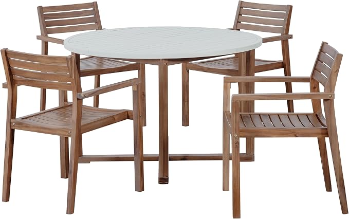 5 Pieces Outdoor Acacia Wood Dining Table Set with 47.2" L Slatted Round Table and 4 Chairs, Modern Patio Dinner Set with Cushions for Backyard, Lawn, Garden, Poolside or Indoor, Light Gray