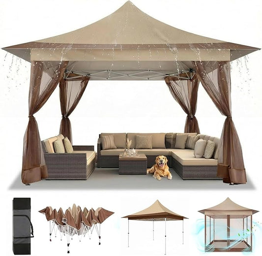 COBIZI 12x12 Pop Up Gazebo On Clearance,Outdoor Canopy Tent with Mosquito Netting,UPF50+,Adjustable Height and 144 Square ft of Shade for Party, Backyard, Gardens with Superior Peaked Roof（Khaki）