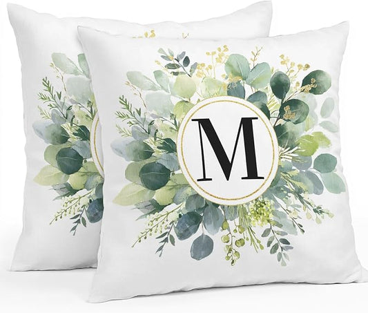 Letter M Waterproof Outdoor Pillow Covers Set of 2 Home Decor, Alphabet Green Eucalyptus Leaves Pillowcase Patio Pillow Covers for Couch Bench Patio Furniture Garden 26x26in