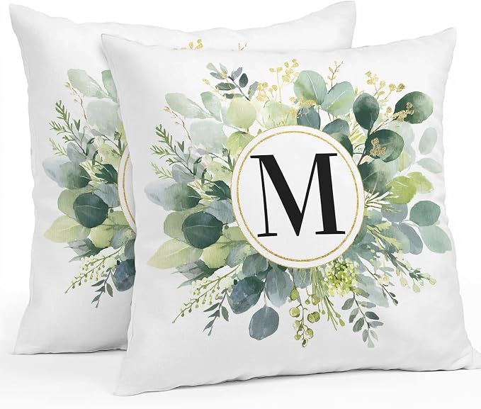 Letter M Waterproof Outdoor Pillow Covers Set of 2 Home Decor, Alphabet Green Eucalyptus Leaves Lumbar Pillowcase Patio Pillow Covers for Couch Bench Patio Furniture Garden 20x20in