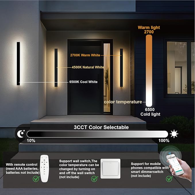 39 Inch Modern Outdoor Wall Lights, 2700-6500K Dimmable Outdoor Wall Sconce with Remote Control, IP65 Waterproof LED Long Exterior Linear Wall Light for House Garage(2 Pack)