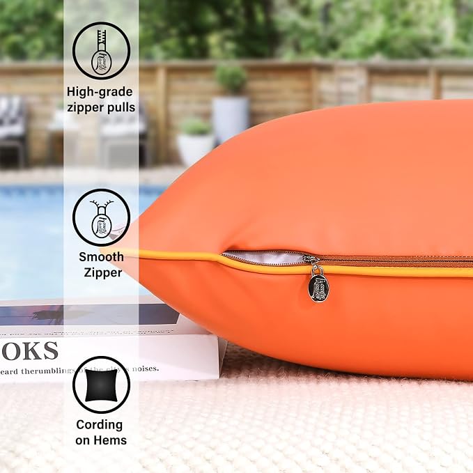 Set of 2 Leather Waterproof Pillow Covers Fade and UV Resistant Silicone Leather Square Cushion Cases Durability Pillowcases for Garden Patio Porch Couch, Orange, 24x24 Inch