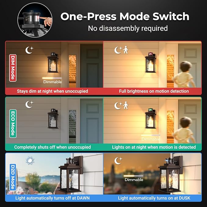 VIANIS Motion Sensor Outside Lights for House, Oil-Rubbed Bronze Porch Lights Outdoor with Tempered Ripple Glass, Aluminum Waterproof Outdoor Light Fixtures Wall Mount for Garage, Garden, Entrance
