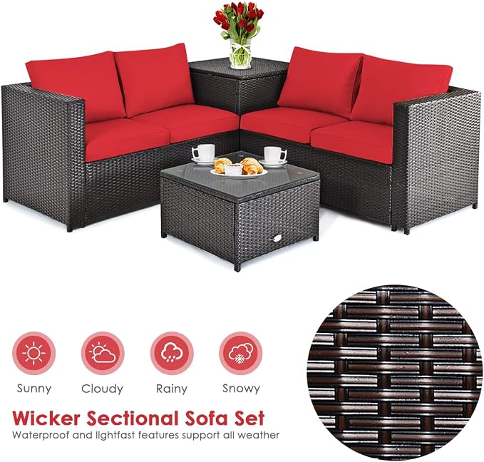 HAPPYGRILL 4 Pieces PE Rattan Wicker Conversation Set Outdoor Patio Furniture Sofa Set with Storage Box and Tempered Glass Coffee Table for Backyard Garden Porch