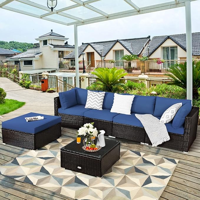 Tangkula 6 Piece Patio Furniture Set, Outdoor Deck Lawn Backyard Durable Steel Frame PE Rattan Wicker Sectional Sofa Set, Conversation Set with Coffee Table (Navy)