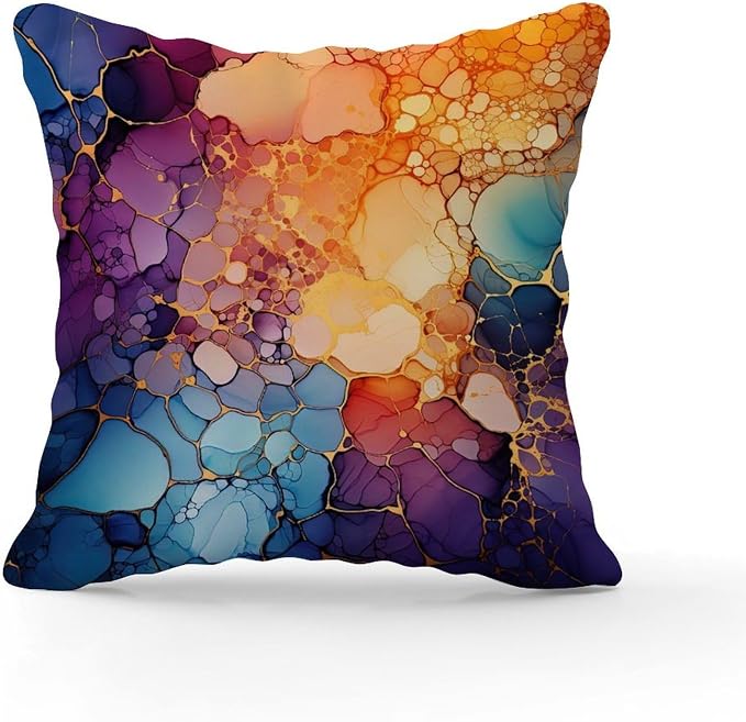 Ink Rainbow Shapes with Gold Pillow Cover Abstract Alcohol Ink Textures Pillow Covers 18x18 INRetro Accent Decorative Cushion Cases Home Decor for Patio Garden Couch Deck Chair