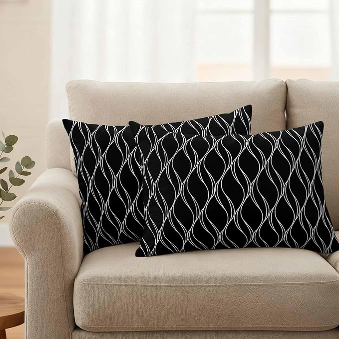 Outdoor Pillow Covers Waterproof, Black Gold Wave Abstract Art Foil Print Pattern All Weather Cushion Case Set of 2, White Thin Line Lumbar Pillowcase for Sofa Couch Bed Decor Patio Furniture 20"x12"