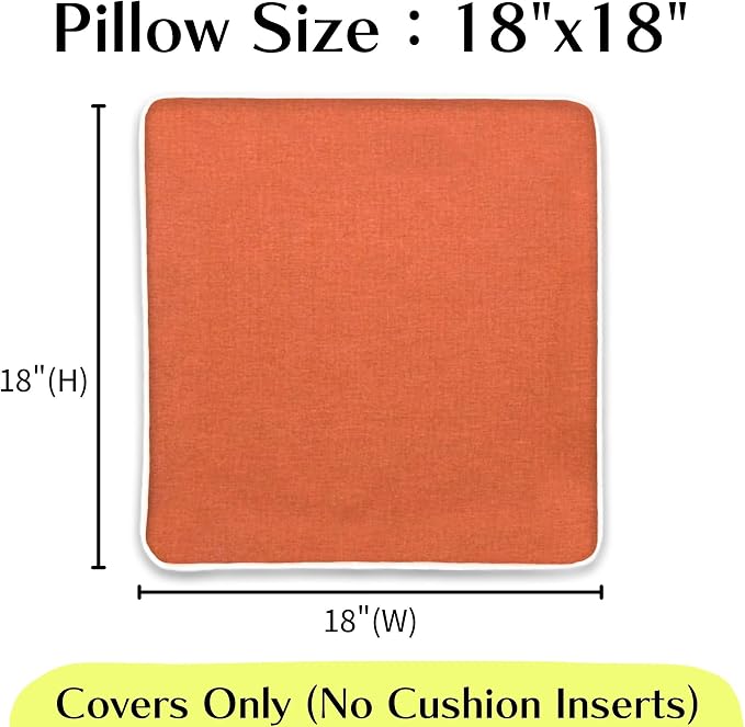 HER HWA Outdoor Throw Pillow Covers White Piping 18"x18" Set of 2, Orange | durable fade-resistant water-resistant 100% polyester white piping smooth zipper machine washable for indoor outdoor décor