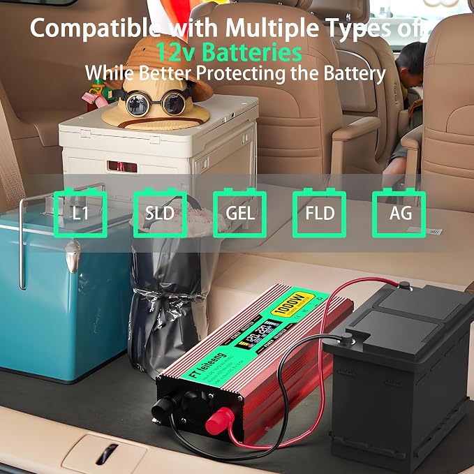 1000 Watt Power Inverter, 12V DC to 120V AC for Vehicles, Home Use Outdoor Camping Car Power Inverter with 2 AC Outlets, 2 USB Ports, Cooling Fan, Cables, LED Screen