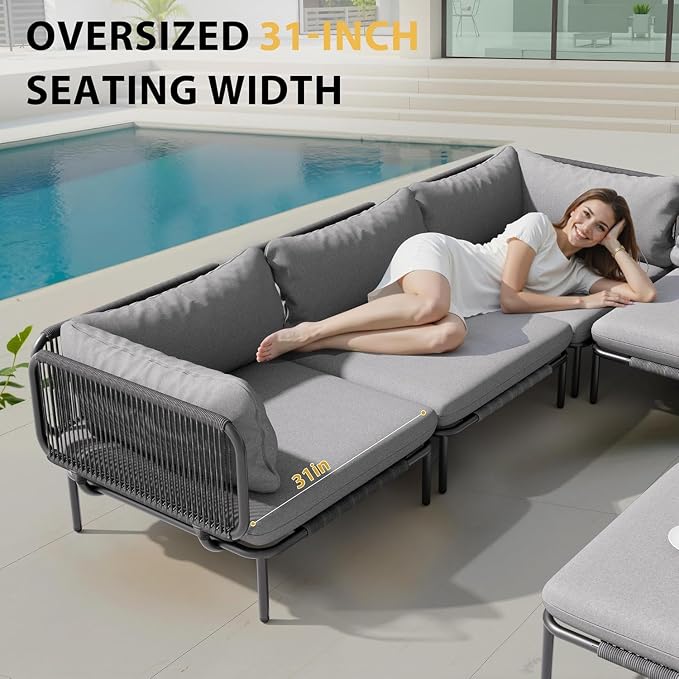 7 Piece Modern Outdoor Sectional Sofa, 31" Oversized Patio Furniture Set with Olefin Woven Rope, Weather-Resistant Metal Frame and Removable Cushion, Dark Grey
