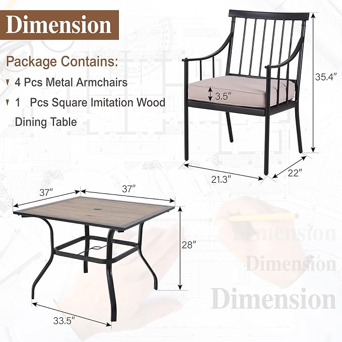 Sophia and William Patio Dining Set, 5 PCS | E-Coated and Steel, Square Table, Straight Legs Chairs, 1.57" Umbrella Hole, Weather-Resistant