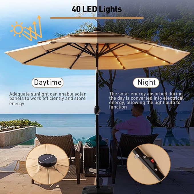 COSIEST 11FT 3 Tiers Patio Umbrella for Outside, Outdoor Umbrella with Solar LED Lights, Market Patio Table Umbrella with 8 Sturdy Ribs for Garden, Pool, Backyard