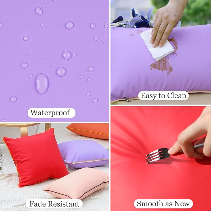 Pack of 2 Waterproof Silicone Leather Pillow Covers 16x16 Inches Fade-Resistant Durability Decorative Covers for Outdoor Garden Cushions Sunbrella Benches Patio Sofas Tents, Purple