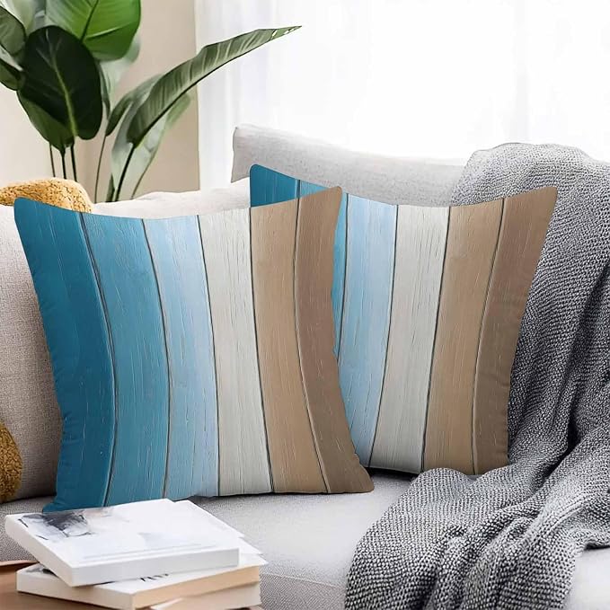 Throw Pillow Covers 18x18 Inch Set of 2, Blue Brown Ombre Waterproof Outdoor Cushion Covers, Vintage Country Wooden Decorative Pillowcases for Couch, Sofa, Bed, Garden, Patio