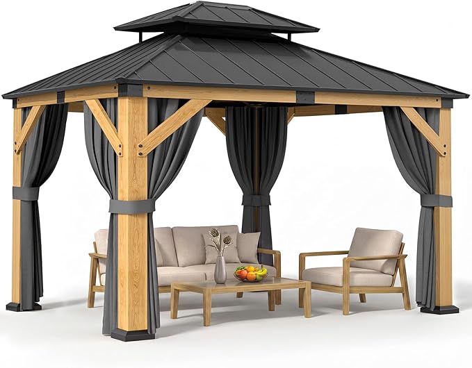 Jocoevol 10' X 12' Wood Gazebo Hardtop Outdoor Permanent Pavilion with Double Galvanized Steel Roof, Curtains and Netting, Snow Support, Wind Resistance, for Backyard Garden, Lawns, Patio