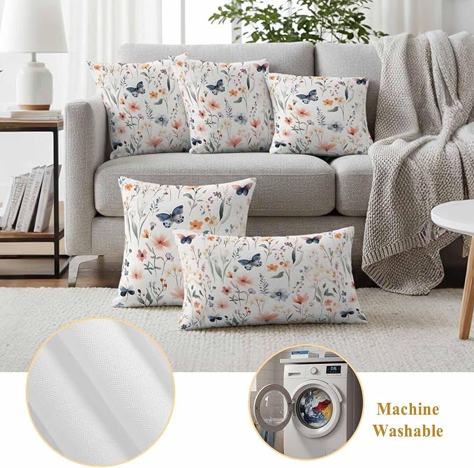 Spring Flower Butterfly Outdoor Waterproof Throw Pillow Covers Set of 2, 24"x24", Retro Watercolor Floral Leaf Decorative Pillow Covers Outside Cushion Case for Patio Porch Garden