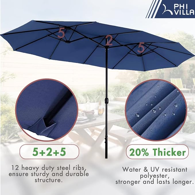 PHI VILLA 7pc Patio Dining Set with Blue Umbrella, 6 Rattan Chairs | 60" Metal dining table, 6 cushioned rattan wicker chairs, 13ft blue umbrella. Perfect for patio, deck, yard, or porch.