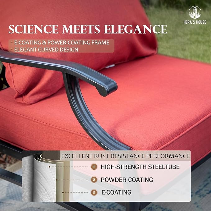 HERA'S HOUSE 6 Piece Patio Furniture Set, 4 x Fixed Metal Cushioned Chair, 1 x 3-Seat Sofa with Marbling Coffee Table, Outdoor Conversation Set for Lawn Garden Backyard, Red