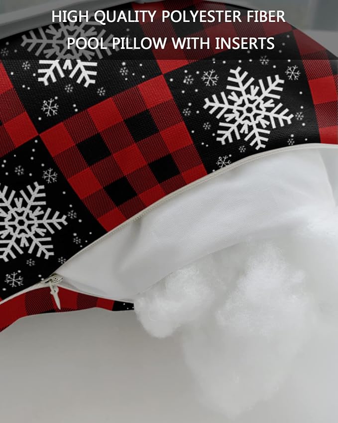 Outdoor Pillows Covers with Inserts Winter Snowflake Red and Black Plaid Waterproof Recliner Pillow with Adjustable Strap Throw Pillows for Patio Furniture Pool Lounge Chair, 11x16 inch, 1PCS