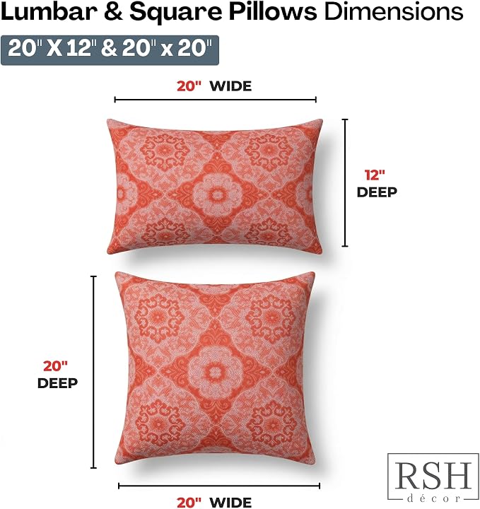 RSH DECOR: Outdura Lumbar & Square Pillows Set of 4 | 20" x 12" & 20" x 20" | Water and Fade-Resistant Fabric | Outdoor Throw Pillows for Patio Furniture | Made in USA (Ayorline Flamin)