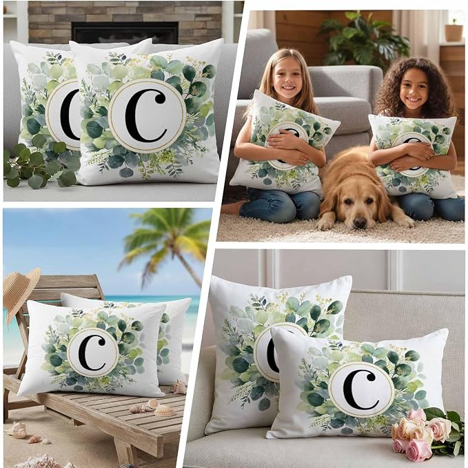 Letter C Waterproof Outdoor Pillow Covers Set of 2 Home Decor, Alphabet Green Eucalyptus Leaves Pillowcase Patio Pillow Covers for Couch Bench Patio Furniture Garden 18x18in