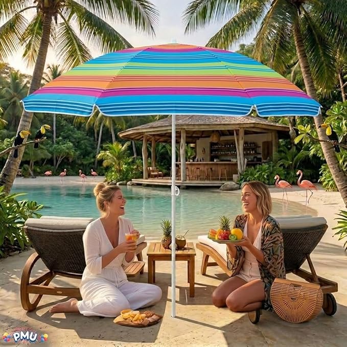 PMU 4 Pcs 6ft Multicolored Beach Umbrella – Vibrant Rainbow Stripe Design, 72in Open, 160G Polyester, Large Outdoor Patio Pool Parasol Umbrella for Garden, Deck, Backyard & Pool