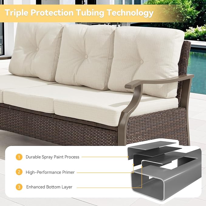 7 Pieces Outdoor Patio Furniture Set, Conversation Sets with Swivel Chair, Coffee/Side Table & Ottoman, Wicker Rattan Outdoor Sectional Sofa Set for Backyard, Deck, Porch, Poolside, Beige