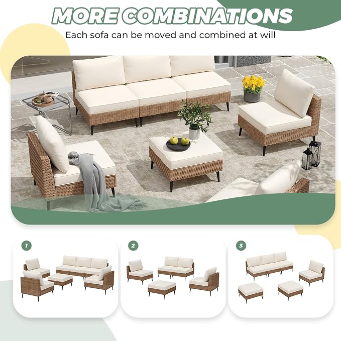 LVUYOYO 7 Pieces Outdoor Patio Furniture Set, Wicker Sectional Sofa Couch, Rattan Conversation Sets with Cushions for Deck, Backyard, Porch (Khaki)