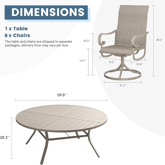 DIFY 9 Piece Outdoor Dining Set for 8, 59.8" Round Metal Dining Table with Umbrella Hole and Swivel Patio Chairs with Textilene Fabric, Patio Table and Chairs Set for Garden Backyard Deck, Sandshell
