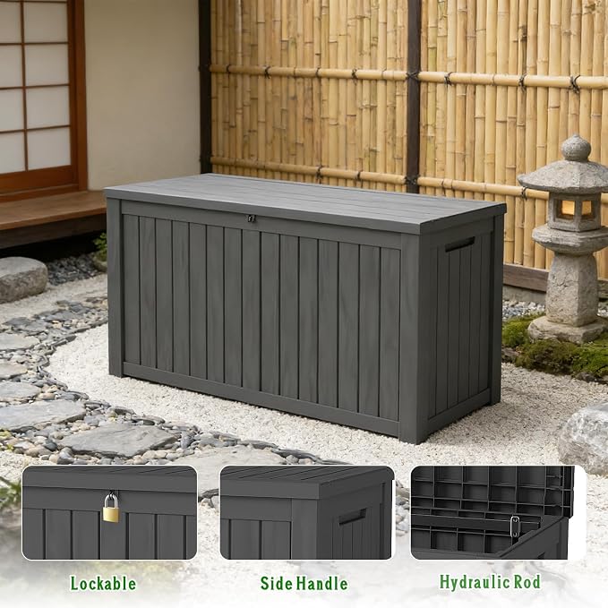 150 Gallon Outdoor Deck Boxes, IP68 Waterproof Outdoor Storage Box with Hydraulic Lid Support, Outside Resin Container for Furniture, Toy, Shoe, Garden & Patio Tools Storage -Black