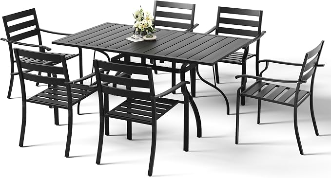 HOMREST 7 Piece Outdoor Patio Dining Set for 6, 63" Rectangular Metal Table with Umbrella Hole and Storage Shelf, Stackable Steel Chairs, Large Patio Furniture Set for Deck/Backyard/Poolside/Garden