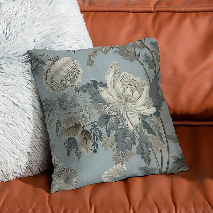 Spa On Flax Blue Chinoiserie Pillow Cover Grey Peony Asian Throw Pillow Cover Classic Decorative Cushion Cases Home Decor for Couch Garden Tent Balcony 20x20 in