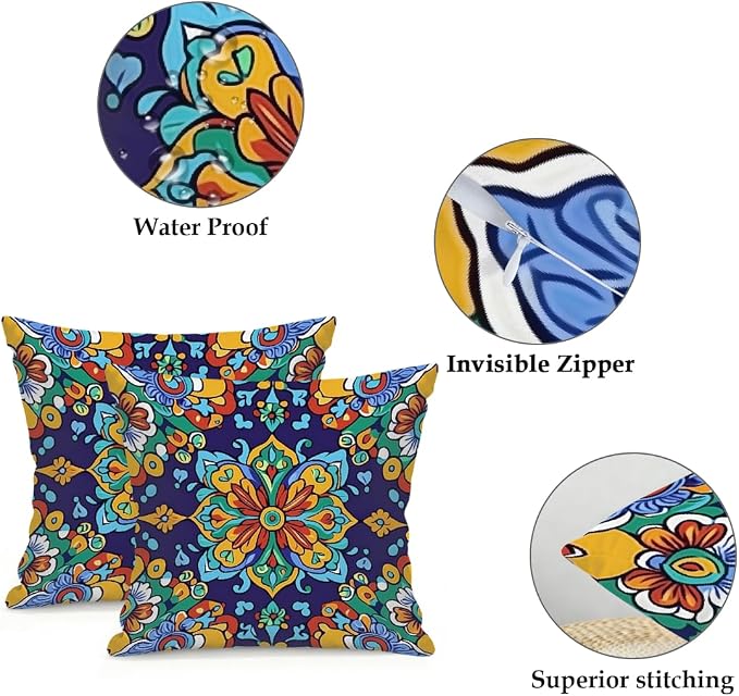 22x22 Inch Outdoor Pillow Covers Set of 2 Waterproof Throw Pillow Covers Decorative Couch Cushion Covers Mexican Style Floral Square Pillowcases Protectors for Patio Garden Sofa