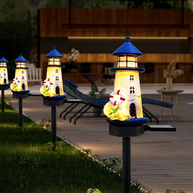 Lighthouse Solar Lights Outdoor, Lighthouse Decor Lighthouses Gifts Nautical Decor for Home, Waterproof Decorative Solar Powered Garden Stake Light for Outside Lawn Christmas Patio Yard (Blue)