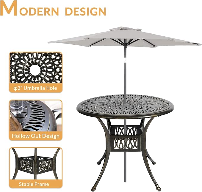 3-Piece Outdoor Patio Dining Set, All-Weather Cast Aluminum Patio Furniture Set for Backyard Garden Deck with 2 Cushioned Chairs and 35.4” Round Table, 2" Umbrella Hole, Navy Blue