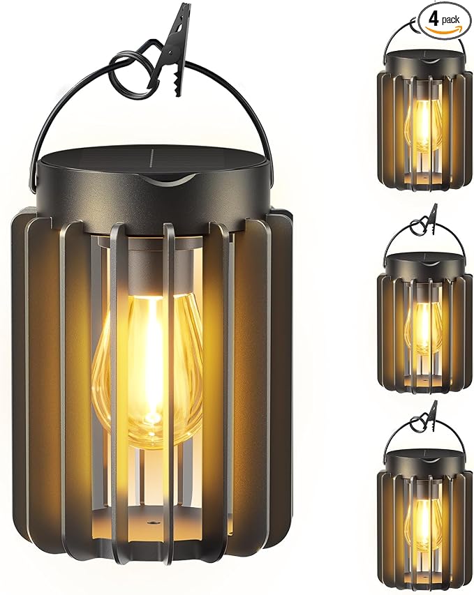 4 Pack Solar Lanterns Outdoor Waterproof, Retro Metal Hanging Lantern | 12-Hr Runtime Outdoor Solar Lantern, Auto On At Dusk, High Bright Hanging Solar Lights for Garden Porch Patio Decor, Black